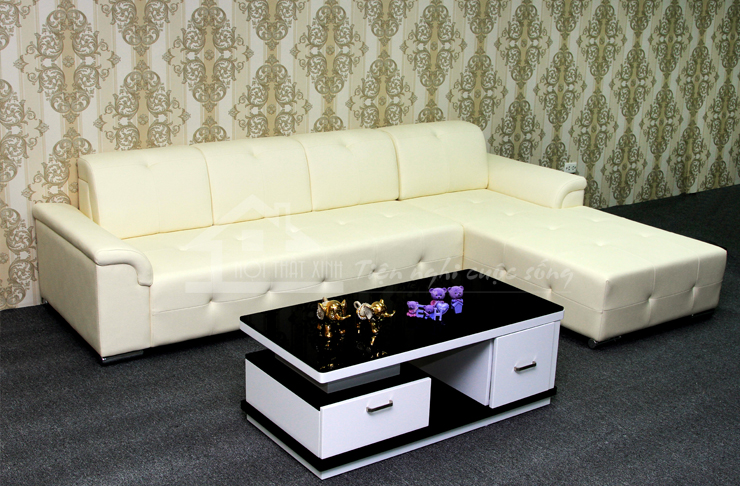 Mẫu sofa da thiết kế dạng góc đẹp tông màu trắng nổi bật