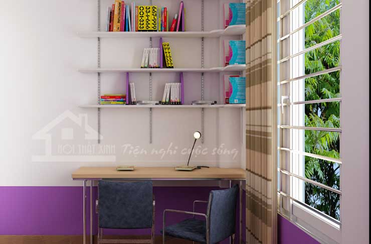 thiet-ke-noi-that-gia-dinh-anh-toan-5 Bàn học thiết kế gọn gàng và được đặt cạnh cửa sổ giúp bé cảm giác thoải mái hơn khi học tập